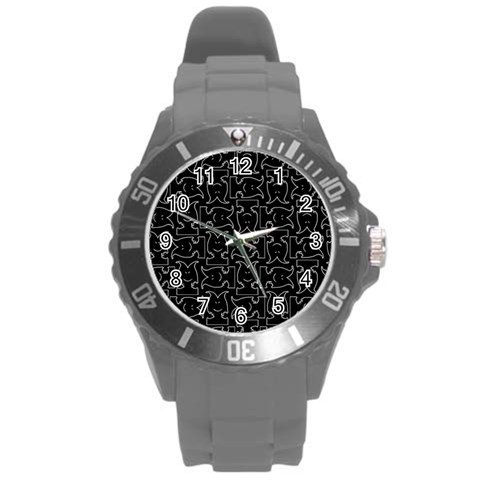 Enigmatic Demon Black and White Pattern Round Plastic Sport Watch (L) from ArtsNow.com Front