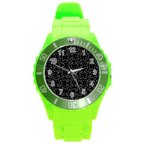 Enigmatic Demon Black and White Pattern Round Plastic Sport Watch (L) from ArtsNow.com Front