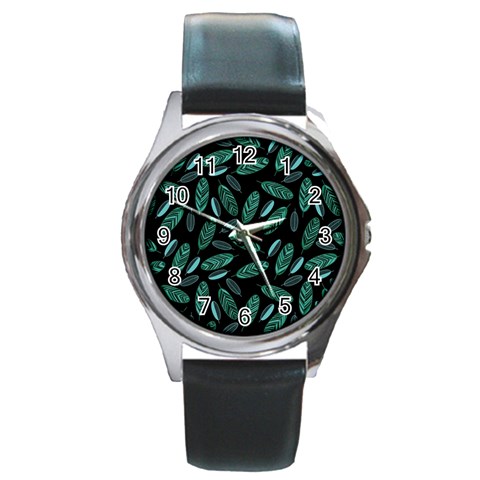 Leaves Pattern Abstract Blade Round Metal Watch from ArtsNow.com Front