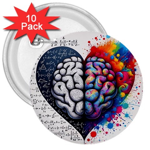 Brain Heart Math 3  Buttons (10 pack)  from ArtsNow.com Front