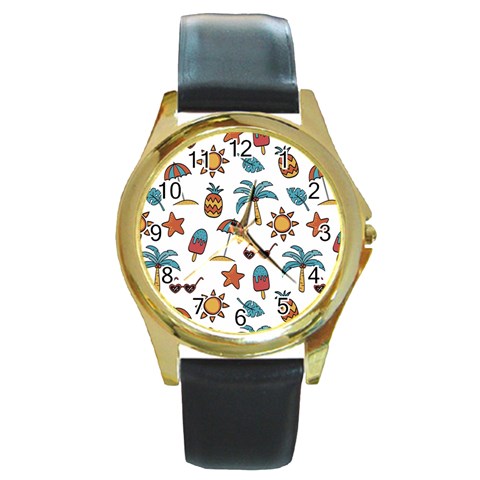 Summer Pineapple Fruit Tropical Round Gold Metal Watch from ArtsNow.com Front