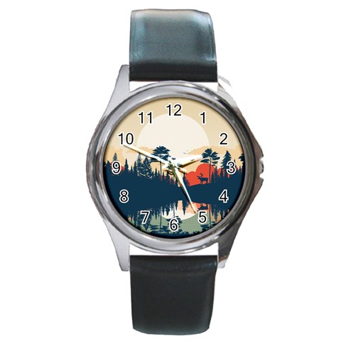 Summer Lake Forest Sunset Deer Water Round Metal Watch from ArtsNow.com Front