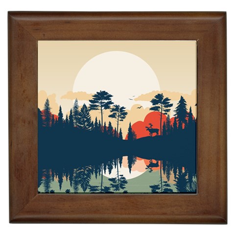 Summer Lake Forest Sunset Deer Water Framed Tile from ArtsNow.com Front