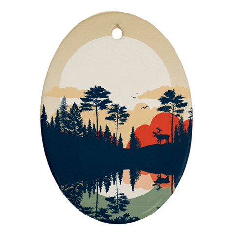 Summer Lake Forest Sunset Deer Water Ornament (Oval) from ArtsNow.com Front