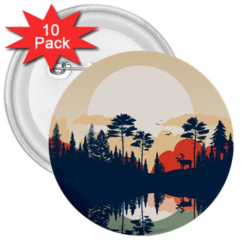 Summer Lake Forest Sunset Deer Water 3  Buttons (10 pack)  from ArtsNow.com Front