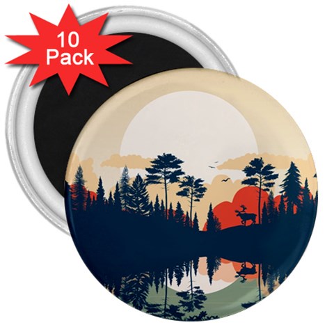 Summer Lake Forest Sunset Deer Water 3  Magnets (10 pack)  from ArtsNow.com Front