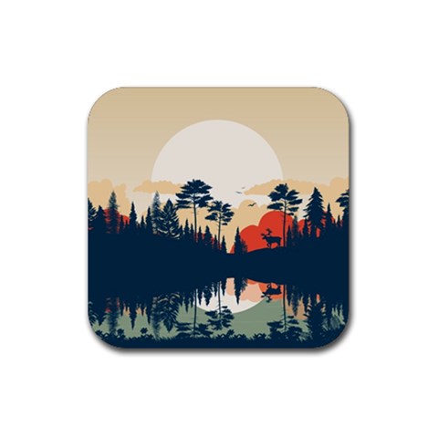 Summer Lake Forest Sunset Deer Water Rubber Coaster (Square) from ArtsNow.com Front