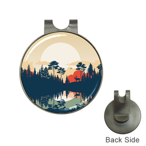 Summer Lake Forest Sunset Deer Water Hat Clips with Golf Markers from ArtsNow.com Front