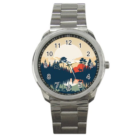 Summer Lake Forest Sunset Deer Water Sport Metal Watch from ArtsNow.com Front