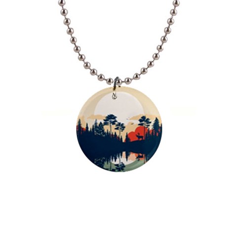 Summer Lake Forest Sunset Deer Water 1  Button Necklace from ArtsNow.com Front