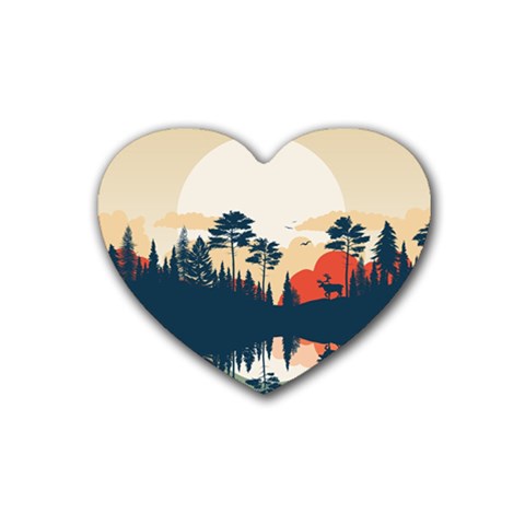 Summer Lake Forest Sunset Deer Water Rubber Heart Coaster (4 pack) from ArtsNow.com Front