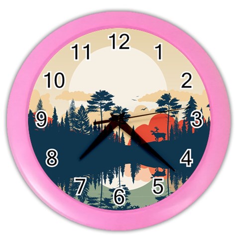 Summer Lake Forest Sunset Deer Water Color Wall Clock from ArtsNow.com Front