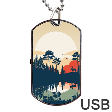 Summer Lake Forest Sunset Deer Water Dog Tag USB Flash (Two Sides) from ArtsNow.com Front