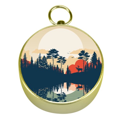 Summer Lake Forest Sunset Deer Water Gold Compasses from ArtsNow.com Front