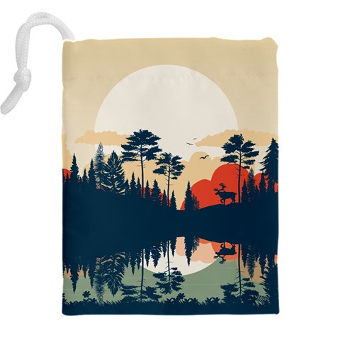 Summer Lake Forest Sunset Deer Water Drawstring Pouch (5XL) from ArtsNow.com Back