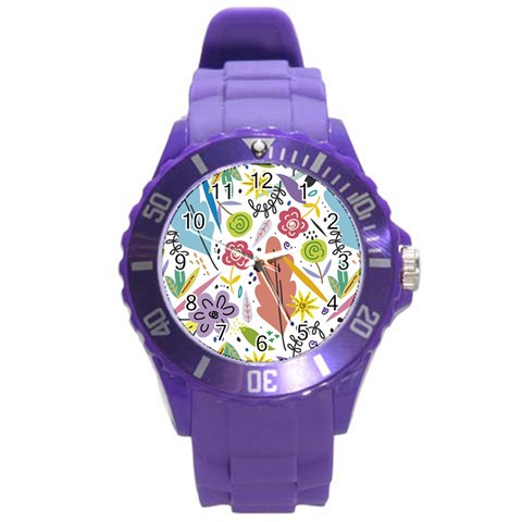 Summer Flowers Spring Background Round Plastic Sport Watch (L) from ArtsNow.com Front