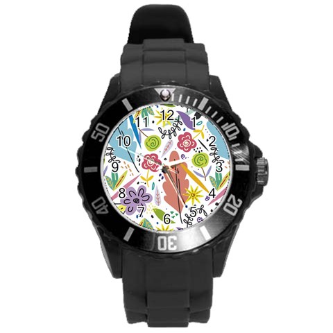 Summer Flowers Spring Background Round Plastic Sport Watch (L) from ArtsNow.com Front