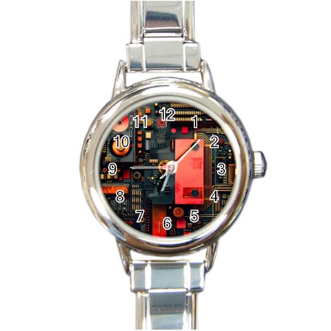 Tech Technology Pattern Round Italian Charm Watch from ArtsNow.com Front