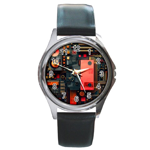 Tech Technology Pattern Round Metal Watch from ArtsNow.com Front