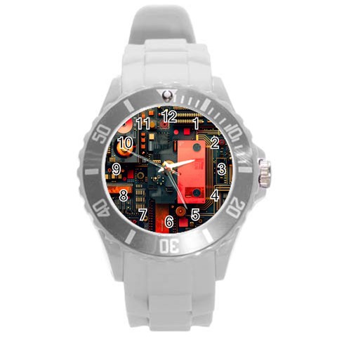 Tech Technology Pattern Round Plastic Sport Watch (L) from ArtsNow.com Front