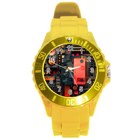 Tech Technology Pattern Round Plastic Sport Watch (L) from ArtsNow.com Front