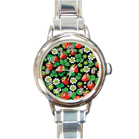 Strawberries Pattern Round Italian Charm Watch from ArtsNow.com Front