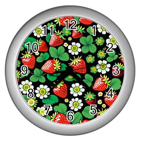 Strawberries Pattern Wall Clock (Silver) from ArtsNow.com Front