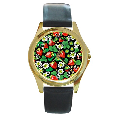 Strawberries Pattern Round Gold Metal Watch from ArtsNow.com Front