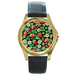 Strawberries Pattern Round Gold Metal Watch