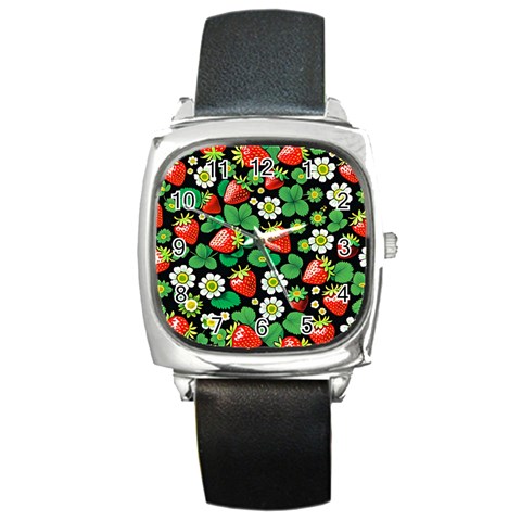 Strawberries Pattern Square Metal Watch from ArtsNow.com Front