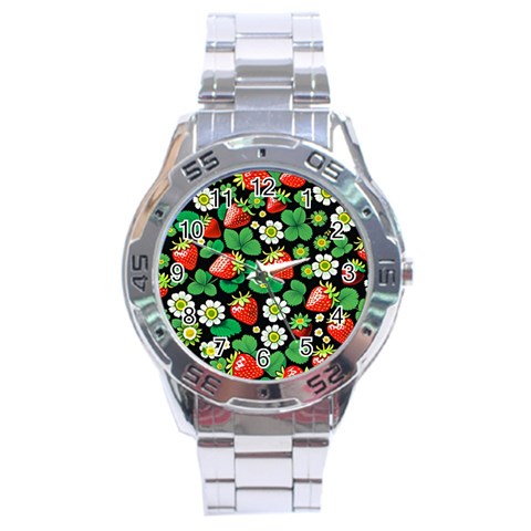 Strawberries Pattern Stainless Steel Analogue Watch from ArtsNow.com Front