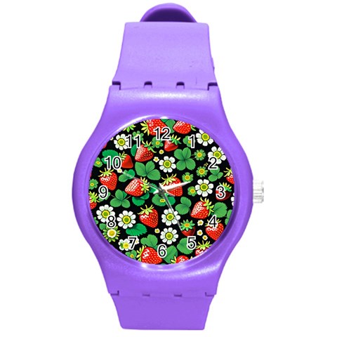 Strawberries Pattern Round Plastic Sport Watch (M) from ArtsNow.com Front