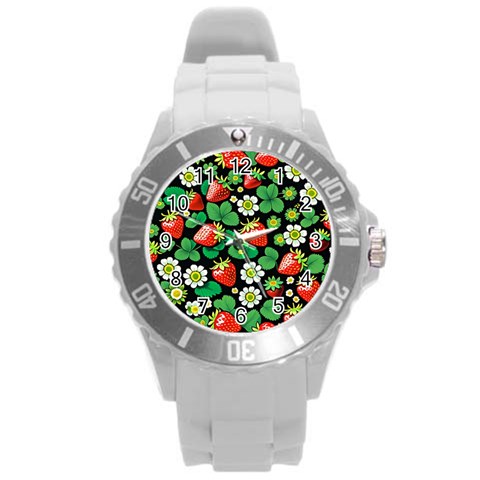 Strawberries Pattern Round Plastic Sport Watch (L) from ArtsNow.com Front