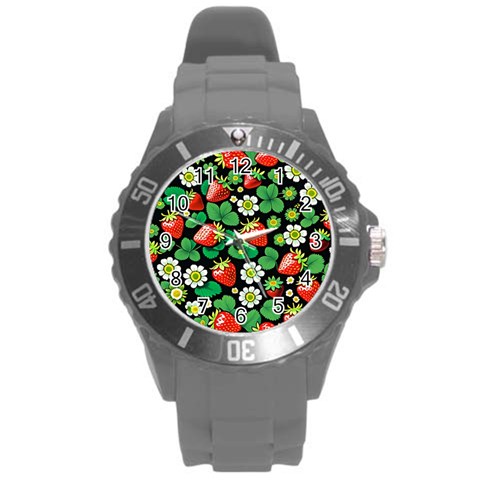 Strawberries Pattern Round Plastic Sport Watch (L) from ArtsNow.com Front