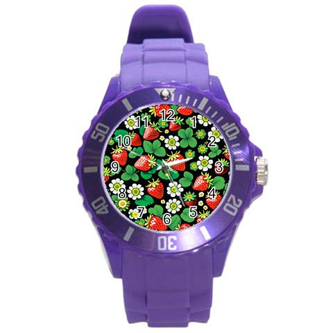 Strawberries Pattern Round Plastic Sport Watch (L) from ArtsNow.com Front