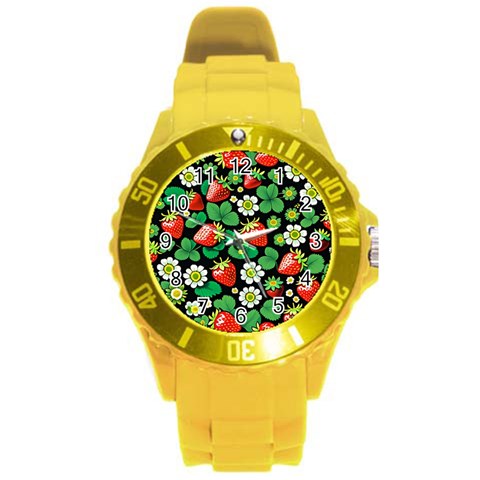 Strawberries Pattern Round Plastic Sport Watch (L) from ArtsNow.com Front