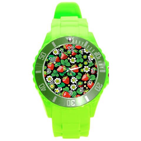 Strawberries Pattern Round Plastic Sport Watch (L) from ArtsNow.com Front