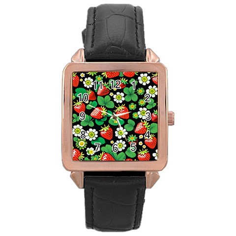 Strawberries Pattern Rose Gold Leather Watch  from ArtsNow.com Front