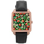 Strawberries Pattern Rose Gold Leather Watch 