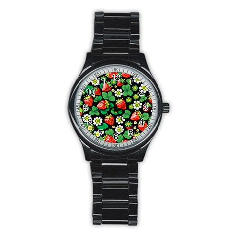 Strawberries Pattern Stainless Steel Round Watch from ArtsNow.com Front