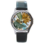 Monstera Palm Leaves Plants Round Metal Watch