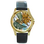 Monstera Palm Leaves Plants Round Gold Metal Watch