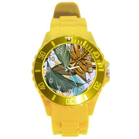 Monstera Palm Leaves Plants Round Plastic Sport Watch (L) from ArtsNow.com Front