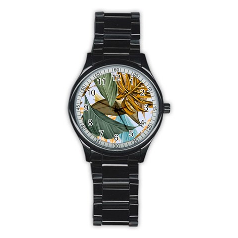 Monstera Palm Leaves Plants Stainless Steel Round Watch from ArtsNow.com Front