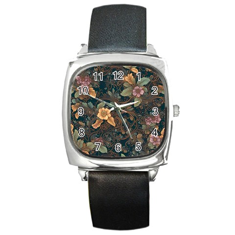 Floral Seamless Pattern Decorative Square Metal Watch from ArtsNow.com Front