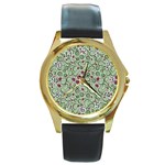 Swirls Foliage Leaves Green Round Gold Metal Watch