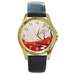 Trees Forest Path Round Gold Metal Watch