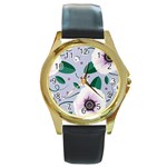 Flowers Petals Blossom Flora Round Gold Metal Watch