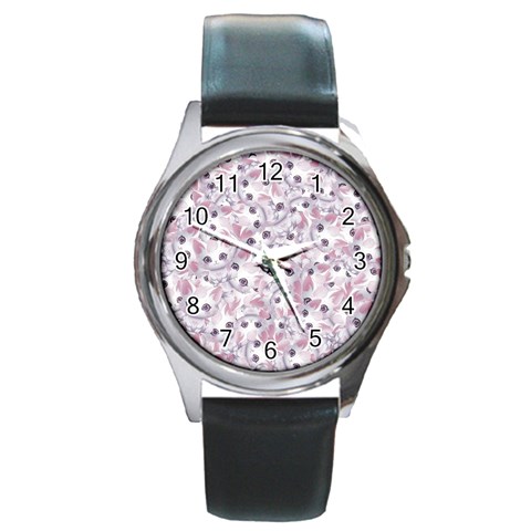 Sweet Kawaii Kitty Pattern (ai) Bk Round Metal Watch from ArtsNow.com Front