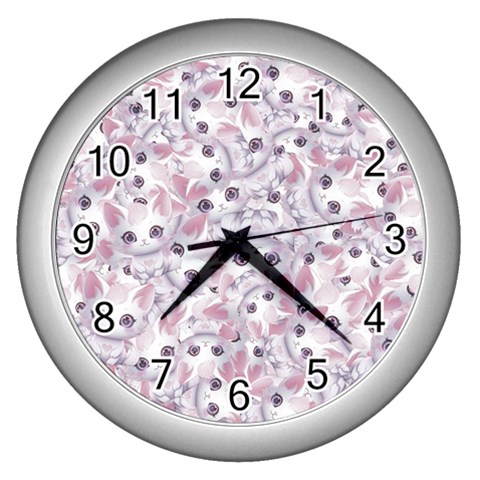 Sweet Kawaii Kitty Pattern (ai) Bk Wall Clock (Silver) from ArtsNow.com Front